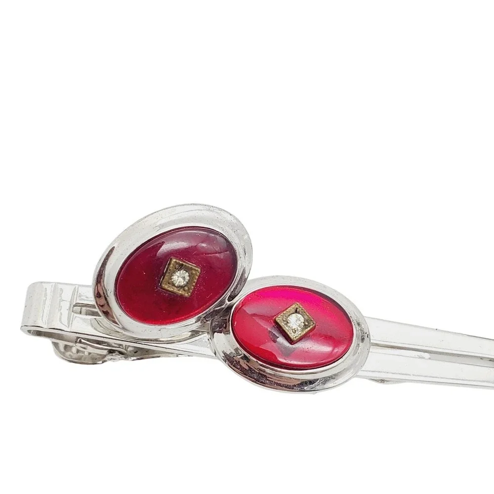 Anson Silver Tone Red Enamel & Rhinestone Oval Cufflink & Tie Bar Suit Accessory